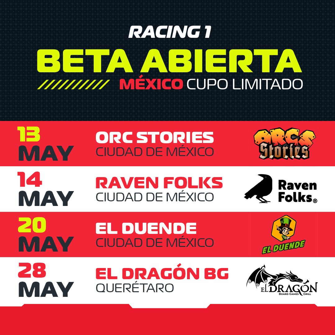 Racing1game's tweet photo. ¿Quieres probar Racing 1? Ven a la #BetaAbierta que realizaremos este 13 de mayo en #OrcsStories de 4 a 8 pm.

Confirma tu asistencia, tiempo estimado de partida: hora y media.
#juegosdecarreas #fórmula1méxico #fansformula1 #juegosdemesamexicano #earlyaccess #boardgamesmexico #F1 https://t.co/NaNkrbE0zx