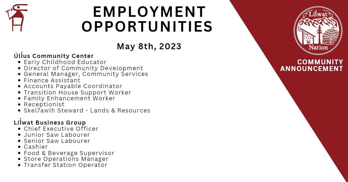 LilwatNation's tweet photo. Áma sq̓it | Good day,

New jobs are available! Apply at the link below!
https://t.co/NJ81k82FTA

Kúkwstum̓ckal̓ap | Thank you. https://t.co/J7E6Awzqe6