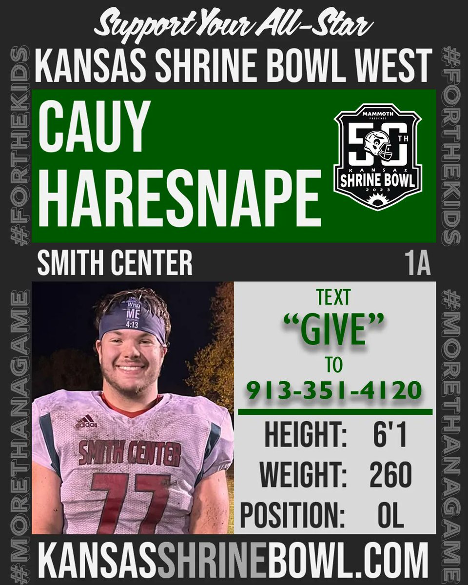 ll-Star Spotlight: @haresnape_cauy , Smith Center, is the son of Lori &amp; Theron Haresnape. Heresnape was named 1st Team All-MCL OL, 1st Team All-District OL and the KFBCA 1st Team All-State OL. Cauy plans to attend Kansas State University majoring in Athletic Training.