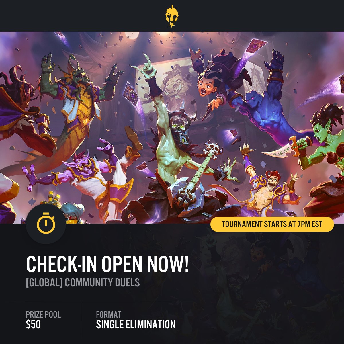 Check in is now open for tonight's Hearthstone tournament! Be sure to do so before 7:00 PM EST as check in and registration are closing at that time.

egl.tv/tournament/7885