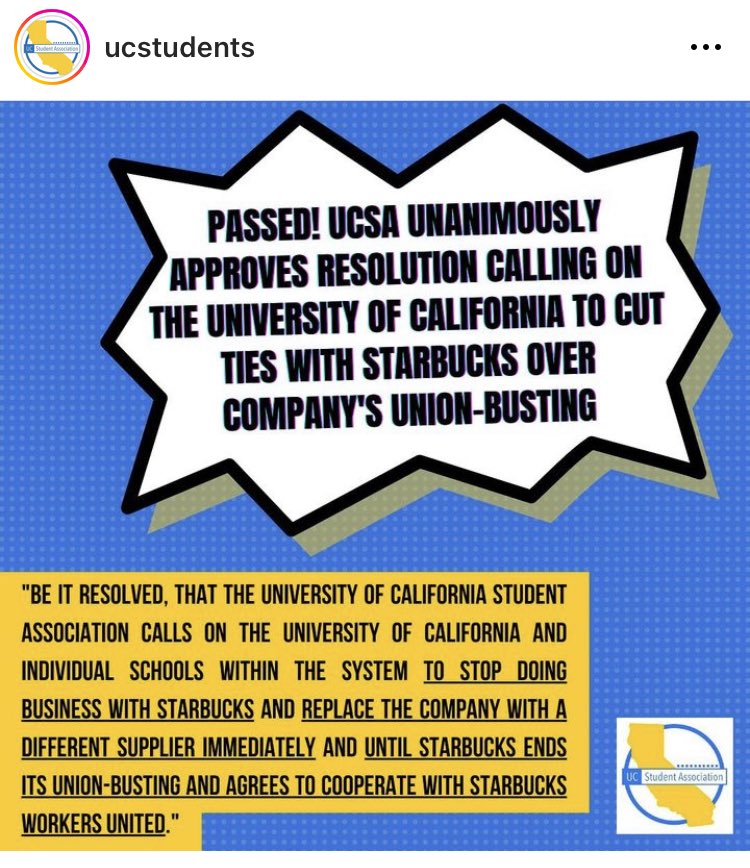 WorkersUnited's tweet photo. Amazing solidarity from the University of California Student Association! They call on UC to stop doing business with Starbucks over the company’s union busting! https://t.co/3265F3Salh
