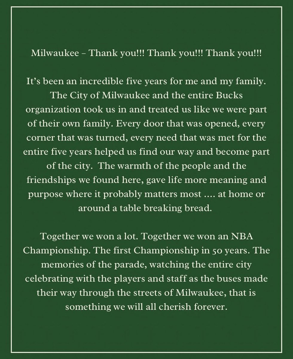 eric_nehm's tweet photo. Pat Connaughton just shared this on his Instagram and tagged this Instagram account, so it seems legitimate. (https://t.co/ynihcQ3VW3)

Here is a statement from former Bucks coach Mike Budenholzer: https://t.co/wDTGkAMN6e
