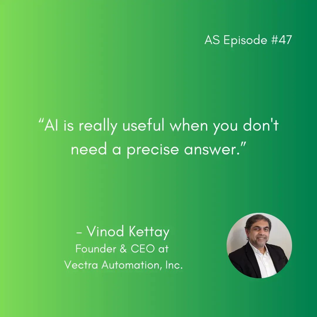 AutomatingS's tweet image. “AI is really useful when you don&apos;t need a precise answer.” - Vinod Kettay | Founder &amp;amp; CEO at Vectra Automation, Inc. #VinodKettay #VectraAutomationInc #JoeLangton #AutomatingSuccess #Podcast #AIvsMachineLearning #PrecisionAndError #RefiningMachineLearning #Robotics #Landscaping