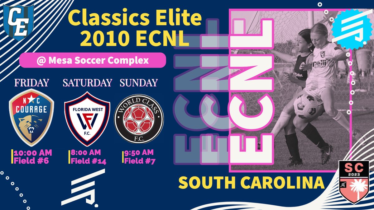 Classics Elite GU14 ECNL (2010) (@ce10gecnl) on Twitter photo We are excited & ready to 🛫 to South Carolina for the <a href="/ECNLgirls/">ECNL Girls</a> Showcase #ECNLSC
Fri | 10:00AM Field 6
Sat | 8:00AM Field 14
Sun | 9:50AM Field 7
<a href="/TopDrawerSoccer/">TopDrawerSoccer</a> <a href="/ImYouthSoccer/">ECNL/GA/Recruiting/College Soccer</a> <a href="/PrepSoccer/">Prep Soccer ⚽️</a> We are excited & ready to 🛫 to South Carolina for the <a href="/ECNLgirls/">ECNL Girls</a> Showcase #ECNLSC
Fri | 10:00AM Field 6
Sat | 8:00AM Field 14
Sun | 9:50AM Field 7
<a href="/TopDrawerSoccer/">TopDrawerSoccer</a> <a href="/ImYouthSoccer/">ECNL/GA/Recruiting/College Soccer</a> <a href="/PrepSoccer/">Prep Soccer ⚽️</a>