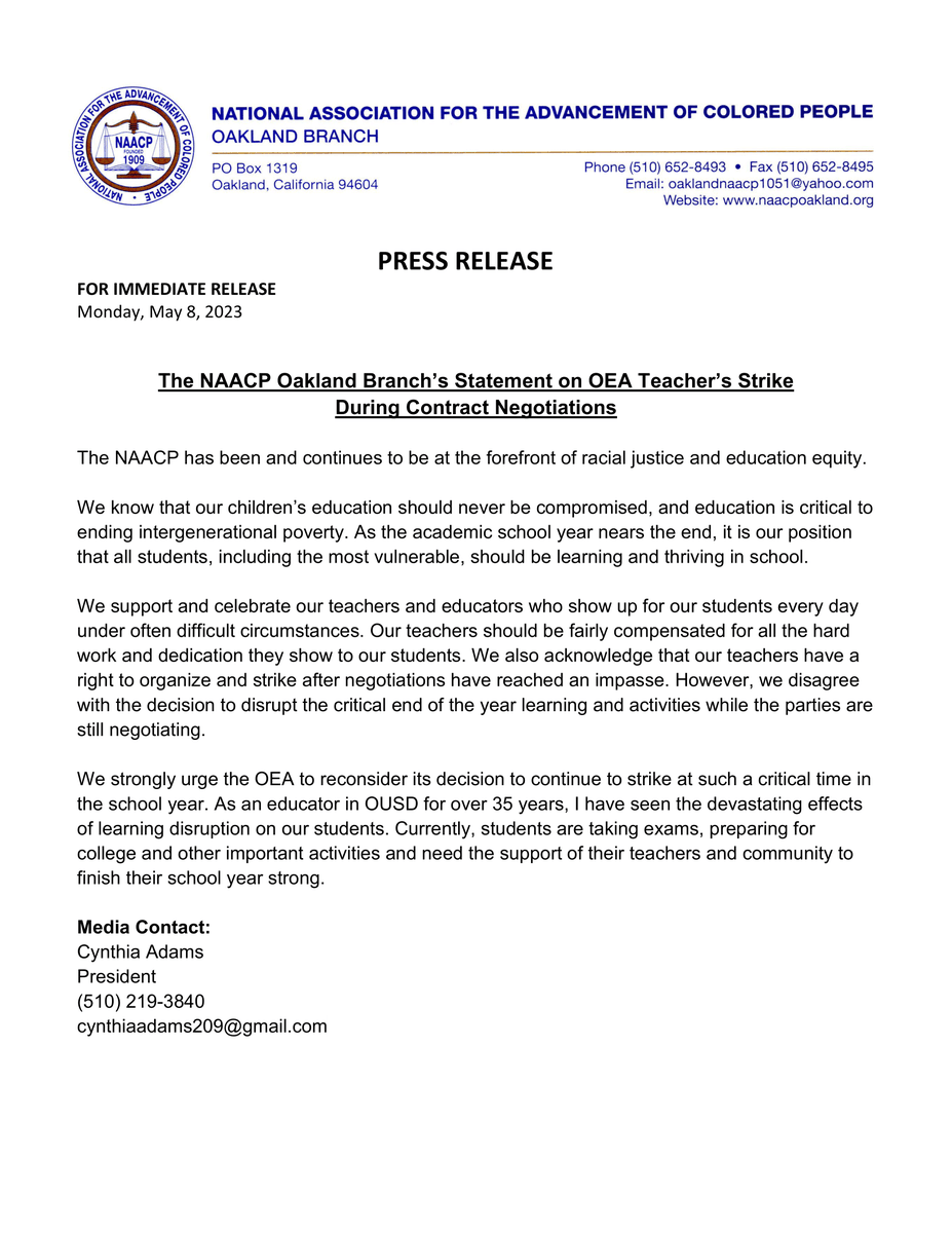 LakishaYoungCEO's tweet image. The @OaklandNAACP is right. Learning disruption has devastating effects and, as an organization that has been fighting racial injustice for over a century, they are well aware of how this strike will impact Black families disproportionately in Oakland.