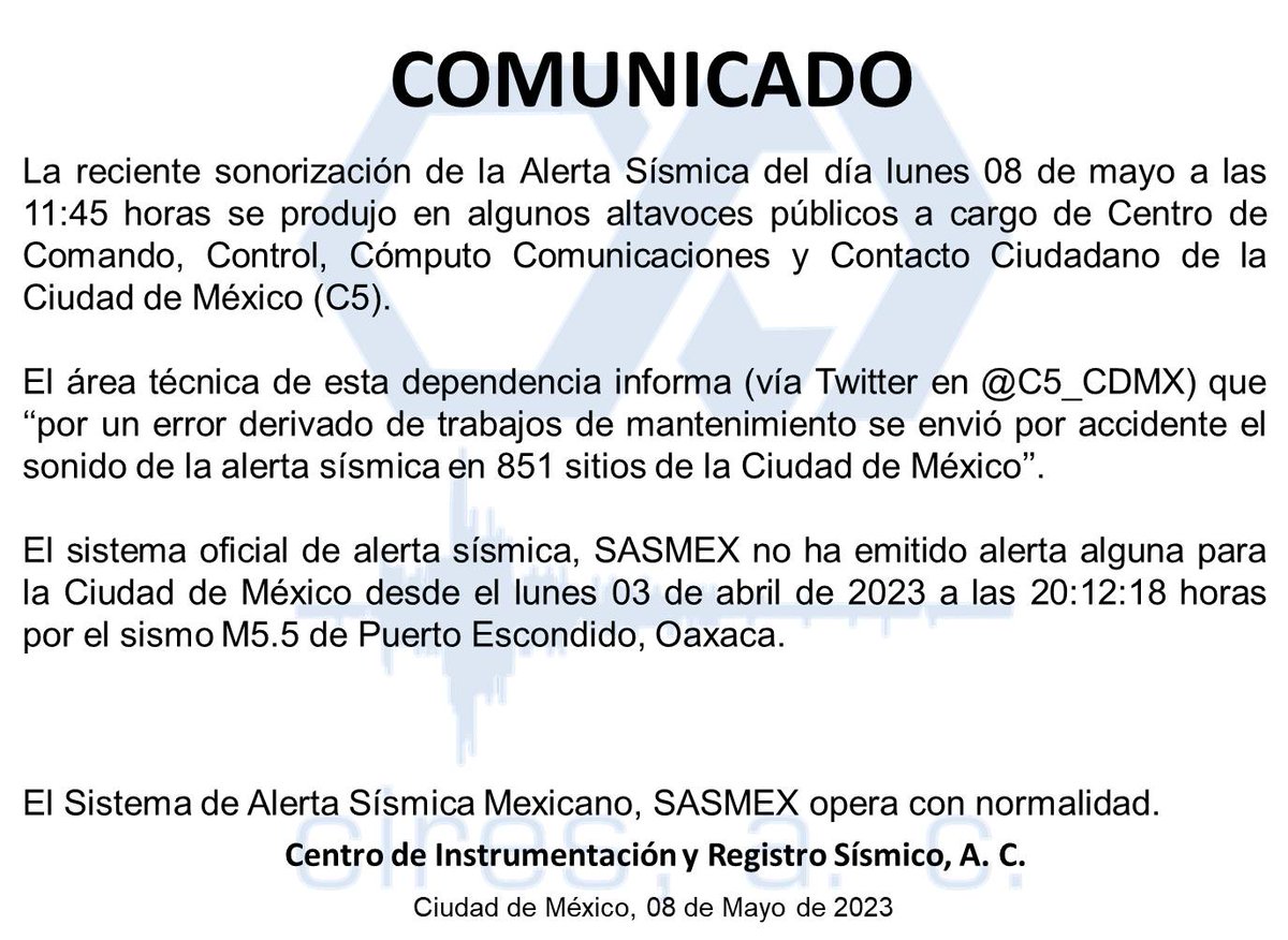 cires_ac's tweet photo. Comunicado especial respecto al sonido de #AlertaSísmica emitido por algunos altavoces de @C5_CDMX https://t.co/KZ71kE0zMu