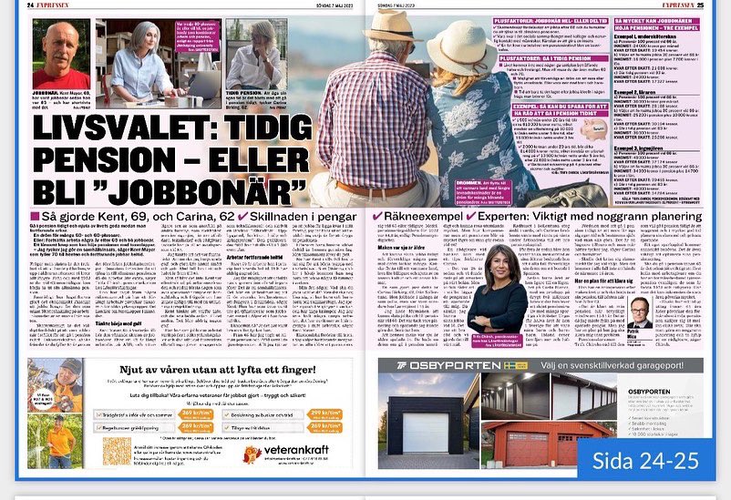 I <a href="/Expressen/">Expressen</a> ger jag tips och har räknat ut hur mycket man tjänar på att vara jobbonär efter 66 år eller hur mycket man behöver spara ihop om man drömmer om tidig pension. Oavsett drömmar, vilja och förutsättningar så kräver #livetefterarbetslivet en noggrann planering.