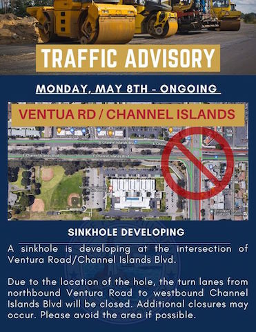 kvtaspeednews's tweet photo. Traffic alert--a  sinkhole is developing at a major intersection between Port Hueneme and Oxnard that will be impacting traffic. https://t.co/as1QaVzqQv