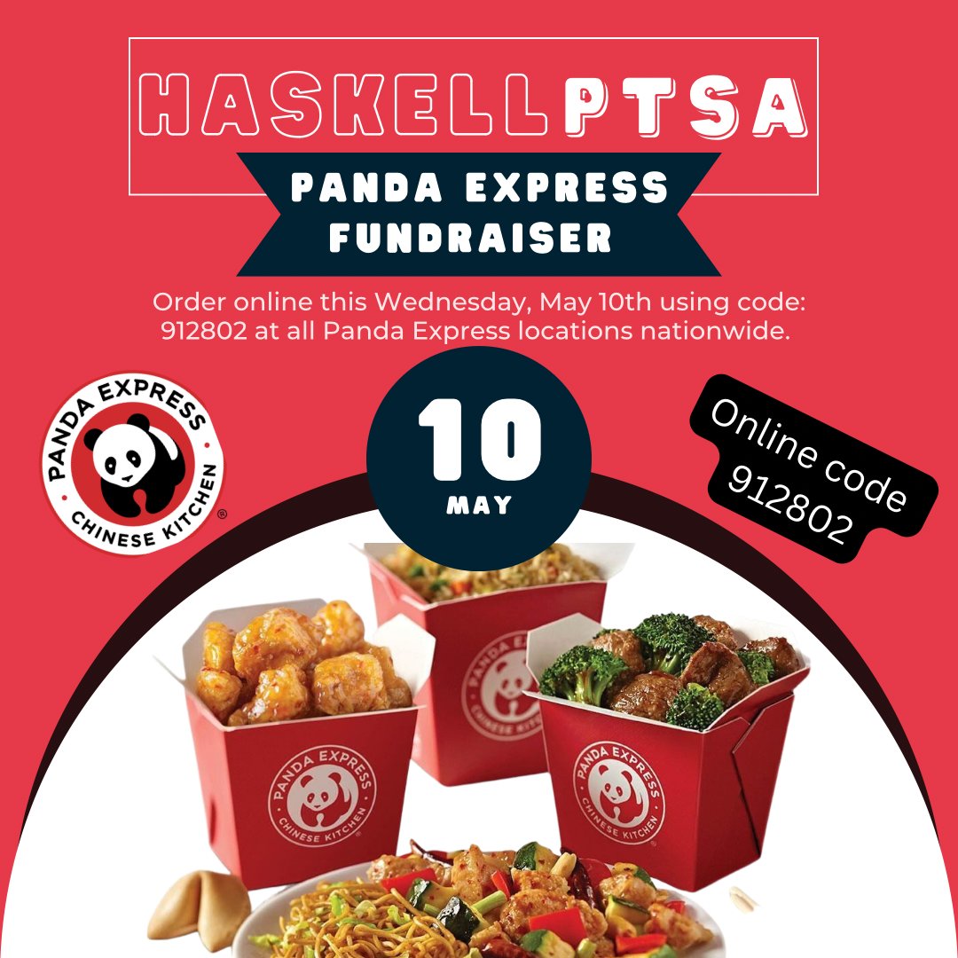 HaskellAcademy's tweet photo. Join us for a Nationwide Fundraiser at Panda Express to support our school! Any hours that Panda is open, with the online ordering code 912802. Mustang families feel free to share this post with your friends and family near and far! https://t.co/TnPQ1ivkx1