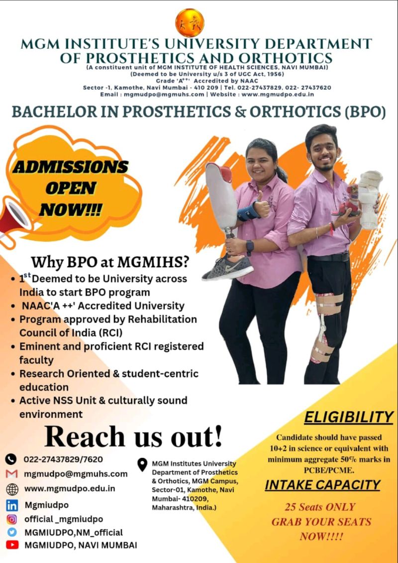 mgmudpo's tweet photo. Admission for the Academic year 2023-24 MGM Institute's University Department of Prosthetics &amp; Orthotics are open now.....!

#admissionsopen2023 #admissionsopen #admissionopen20232024 #mumbai #mumbainews #mumbaicity #college #collegeadmissions  #admissionopen #university https://t.co/yBPWNf0LhN