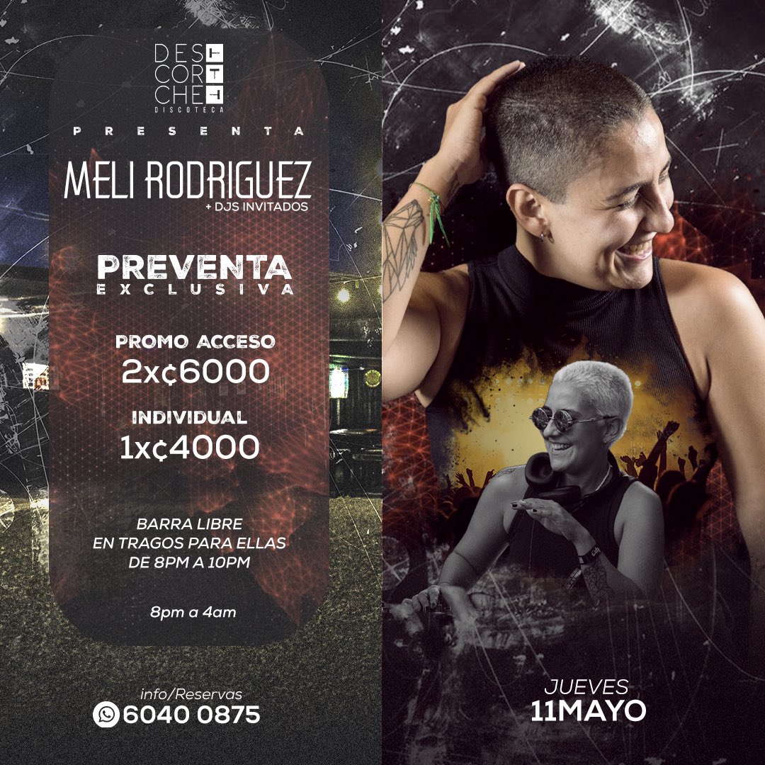 Para los amantes del TEC HOUSE nos vemos el Jueves en el Descorche 😎🚀

Meli Rodríguez + 2 Djs invitados: DSTS  &amp; VINZ.