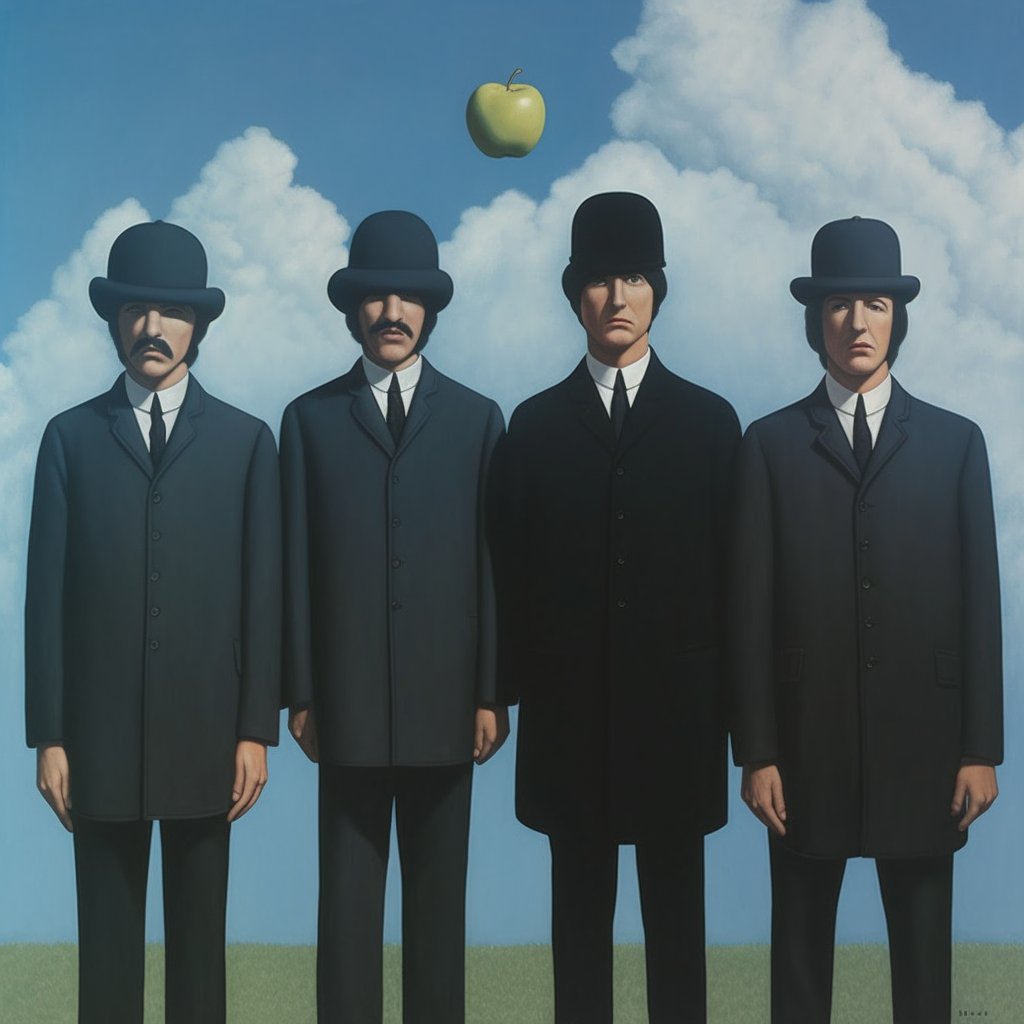 williamrejault's tweet photo. I happened to have a Midjourney license for this month, so might as well try it, especially since version 5.1 just came out.  Thread inspired by @krides 

The Beatles by Magritte https://t.co/5Dstm02UOf
