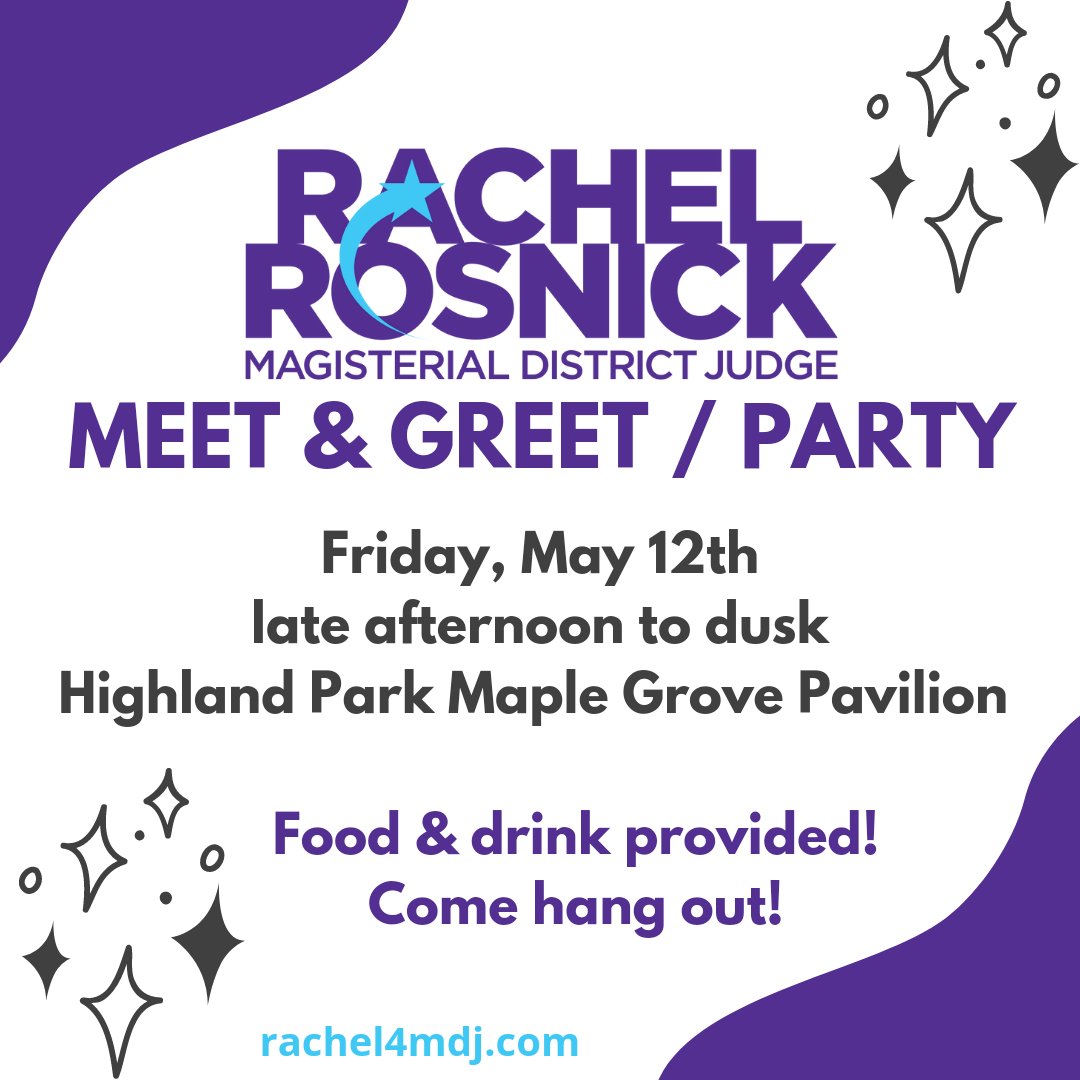 rachel4mdj's tweet photo. Tentative save the date for a campaign meet &amp; greet party! 💜💙 Friday, May 12th @ Highland Park Maple Grove Pavilion. Late afternoon to dusk (more exact timeframe TBD). Food &amp; drink provided! 🥳🎂

#rachel4mdj #teamdoourbest #minorcourtsmajorimpacts https://t.co/rt2l3ICgFk