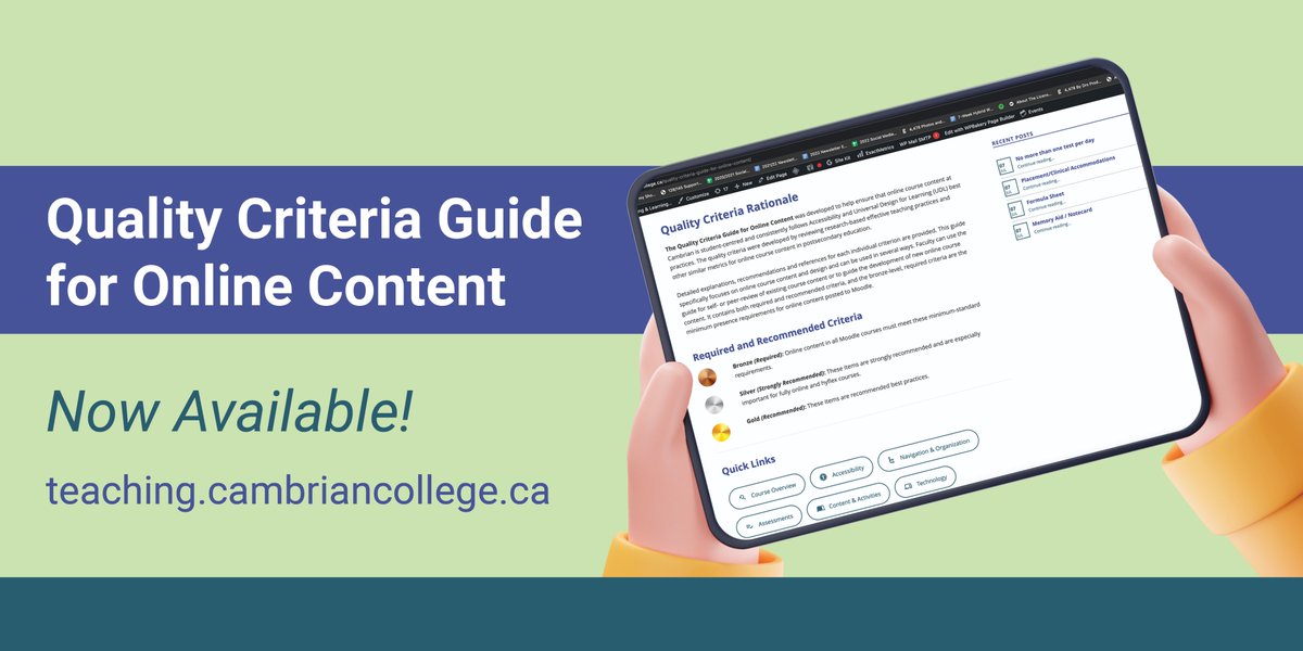 Our Quality Criteria Guide for Online Content is officially launched!🚀🎉 Use this guide to curate content that is accessible and uses Universal Design for Learning best practices.📚💻 

Check out the guide today! teaching.cambriancollege.ca/quality-criter…