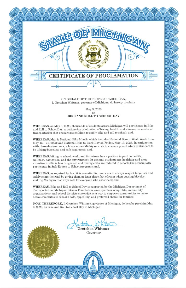 Hope you didn't miss the Governor's Office Proclamation for 'Bike and Roll to School Day' last week. It's great to have support at all levels to make it safer and easier to walk, bike and roll to and from school! #BR2SD #BikeandRolltoSchoolDay