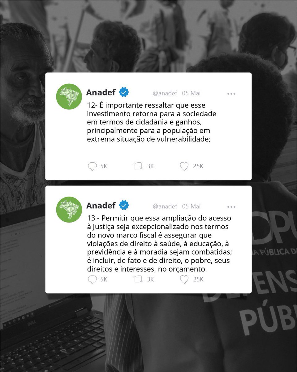 anadef's tweet photo. A Defensoria Pública da União é um dos pilares fundamentais da balança da justiça em nosso país. É ela que está lá, no dia a dia, defendendo e promovendo os direitos das pessoas em situação de extrema vulnerabilidade. Sem ela, milhões de pessoas ficam sem garantir os seus direitos na justiça.

Segue o fio e veja o atual cenário em que a DPU se encontra.

Não podemos permitir esse retrocesso. Uma Defensoria forte, ativa e atuante é o que garante que a balança da justiça não seja desproporcional para todos.

#defensoriaparatodos #arcabouçofiscal #direitoshumanos #DPU
