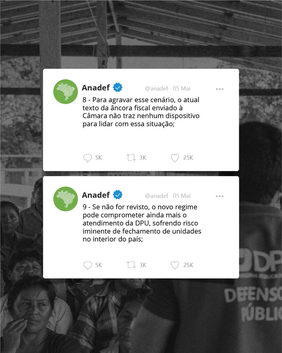 anadef's tweet photo. A Defensoria Pública da União é um dos pilares fundamentais da balança da justiça em nosso país. É ela que está lá, no dia a dia, defendendo e promovendo os direitos das pessoas em situação de extrema vulnerabilidade. Sem ela, milhões de pessoas ficam sem garantir os seus direitos na justiça.

Segue o fio e veja o atual cenário em que a DPU se encontra.

Não podemos permitir esse retrocesso. Uma Defensoria forte, ativa e atuante é o que garante que a balança da justiça não seja desproporcional para todos.

#defensoriaparatodos #arcabouçofiscal #direitoshumanos #DPU
