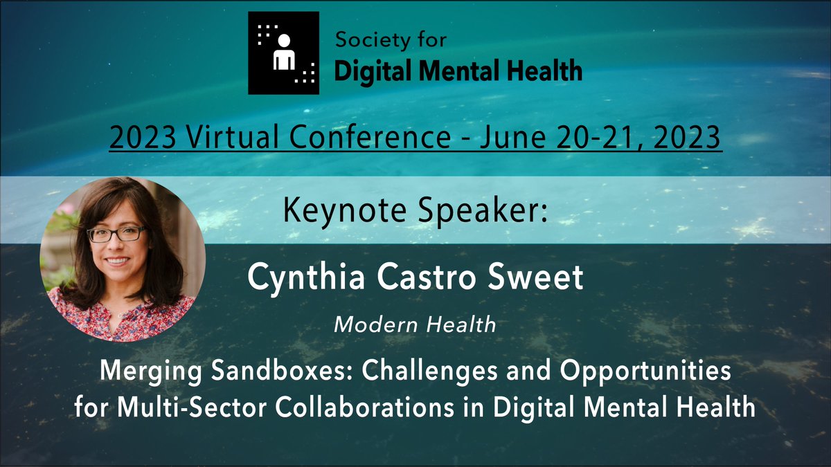 Society for Digital Mental Health (@societydmh) on Twitter photo Our 2023 Conference is coming up fas! We are excited to have @cynmcsweet as Keynote Speaker. She is a Clinical Psychologist and leads various projects <a href="/modernhealthco/">Modern Health</a> to demonstrate the clinical and economic value of digital health. Register here! societydmh.org/annual-meeting/ Our 2023 Conference is coming up fas! We are excited to have @cynmcsweet as Keynote Speaker. She is a Clinical Psychologist and leads various projects <a href="/modernhealthco/">Modern Health</a> to demonstrate the clinical and economic value of digital health. Register here! societydmh.org/annual-meeting/
