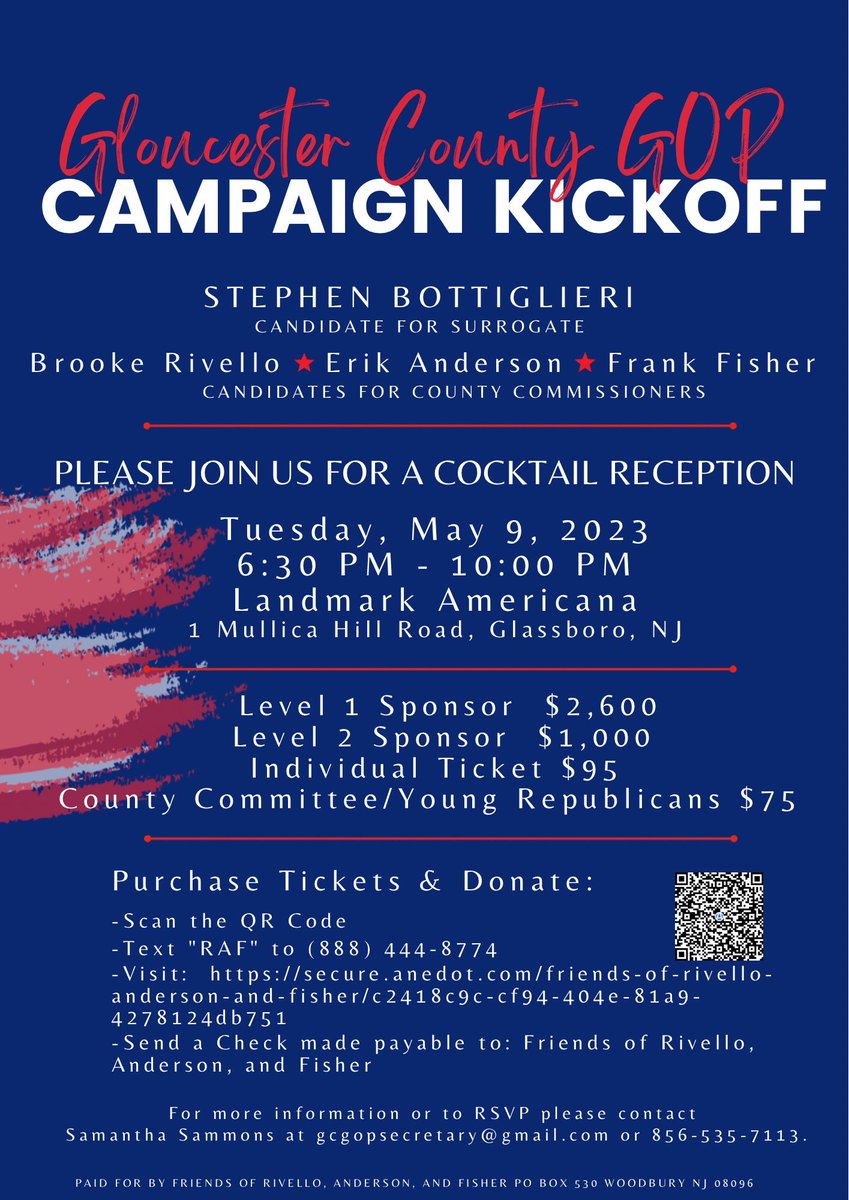 friendsofgcrep's tweet photo. We are excited for our Campaign Kickoff tomorrow! Come out and support our Gloucester County Candidates! #ColumnB #TheEndorsedCandidates #RivelloAndersonFisher4Commissioner #Bottiglieri4Surrogate https://t.co/LD8gGqFed3