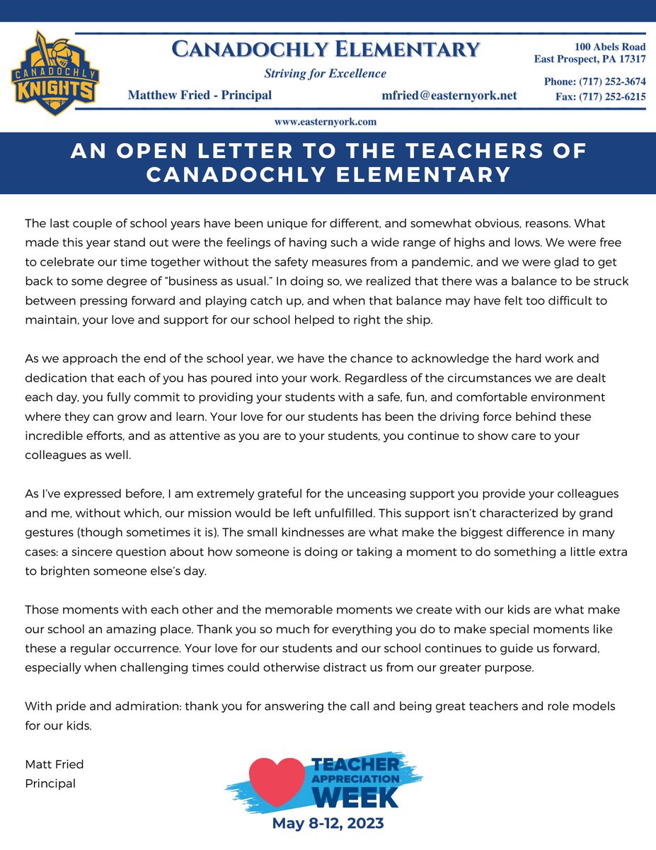 Another school year is flying by. While there are still a lot of great things to look forward to, we'd like to take a moment to thank our outstanding teachers and staff! #teacherappreciationweek <a href="/EasternYorkSD/">Eastern York </a>