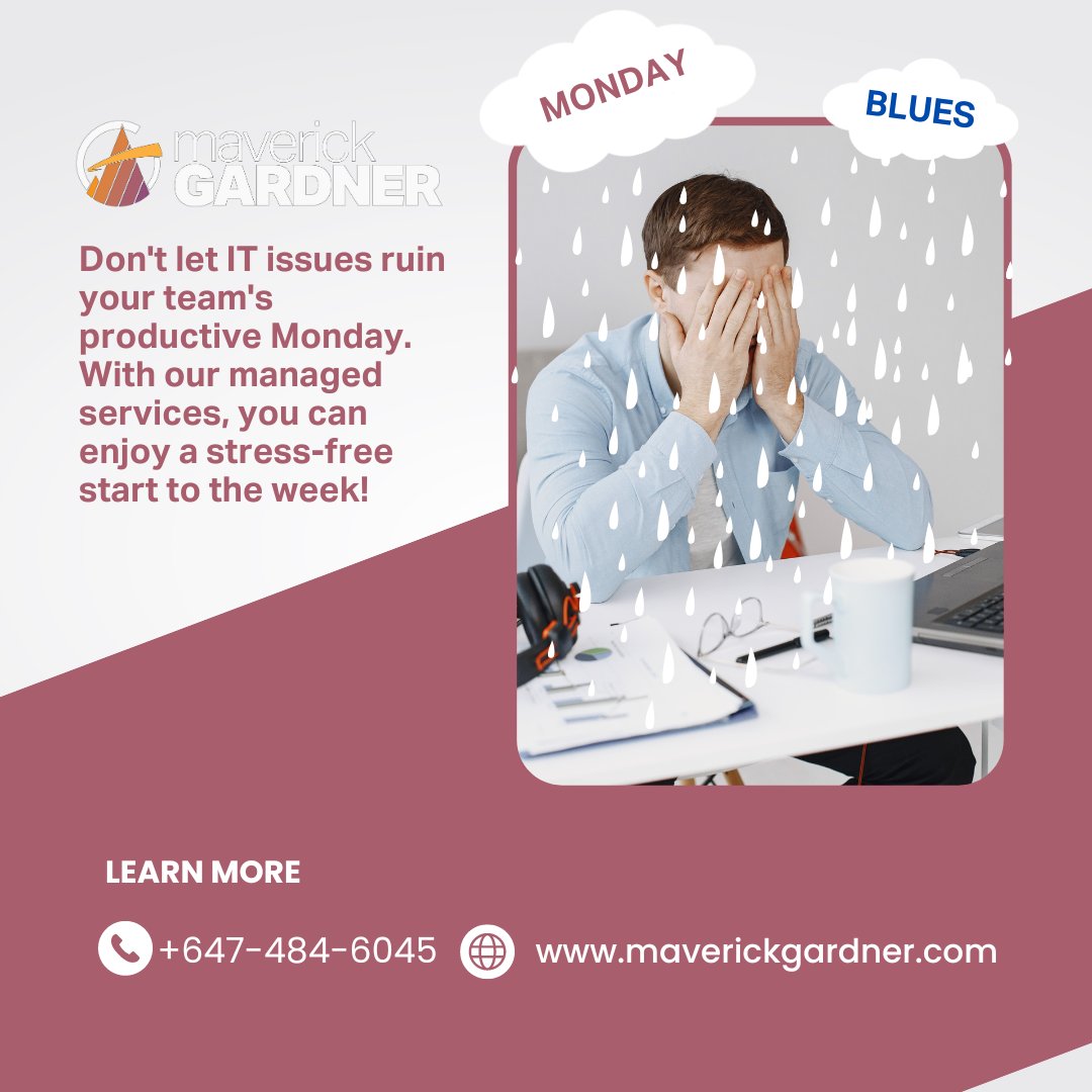 Monday Blues got you down? Don't let IT issues add to the stress! With our managed services, you can rest assured that your technology is running smoothly and efficiently, leaving you free to tackle your workday with confidence.

#managedservices #mondays #technology
