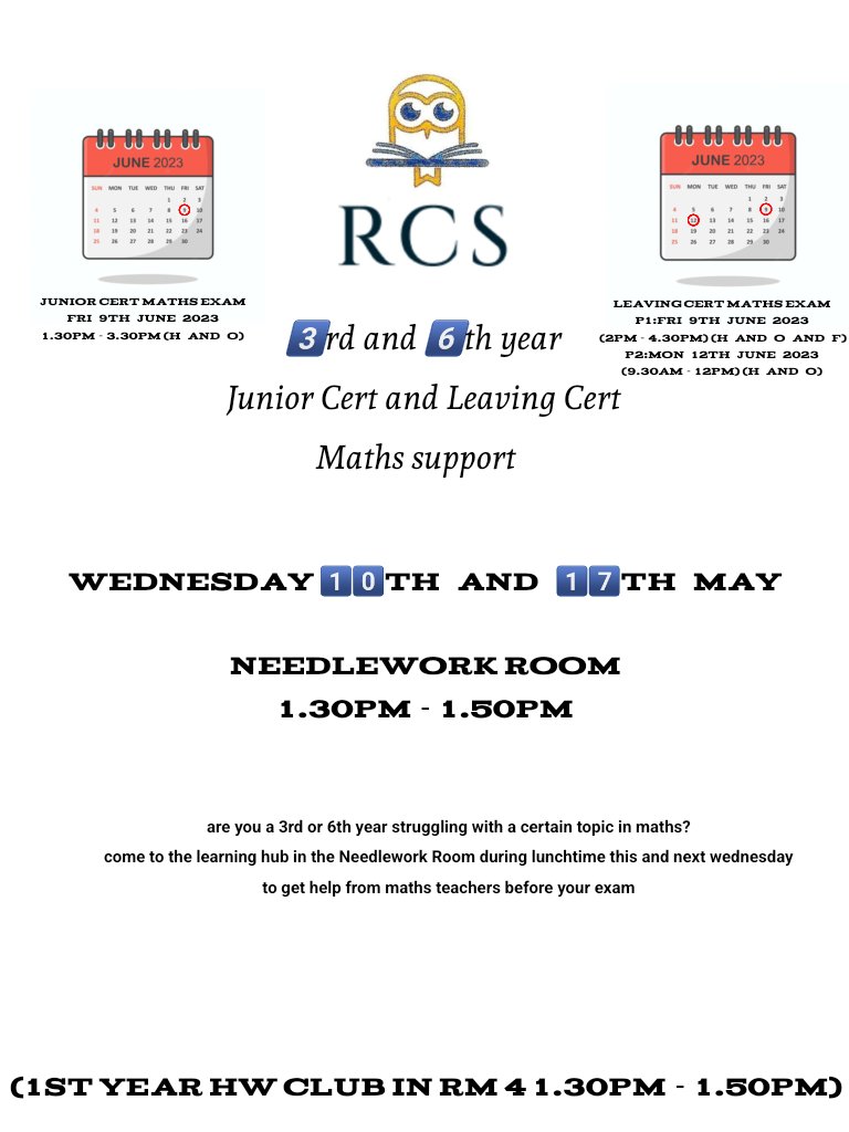 🚨 ATTENTION 3RD AND 6TH YEARS 🚨

All 3rd and 6th year, Junior Cert and Leaving Cert Students are welcome to come to the Learning Hub during lunchtime for Maths support, Wednesday for the next 2 weeks!

If you need help with a certain topic, Maths teachers will be there to help!