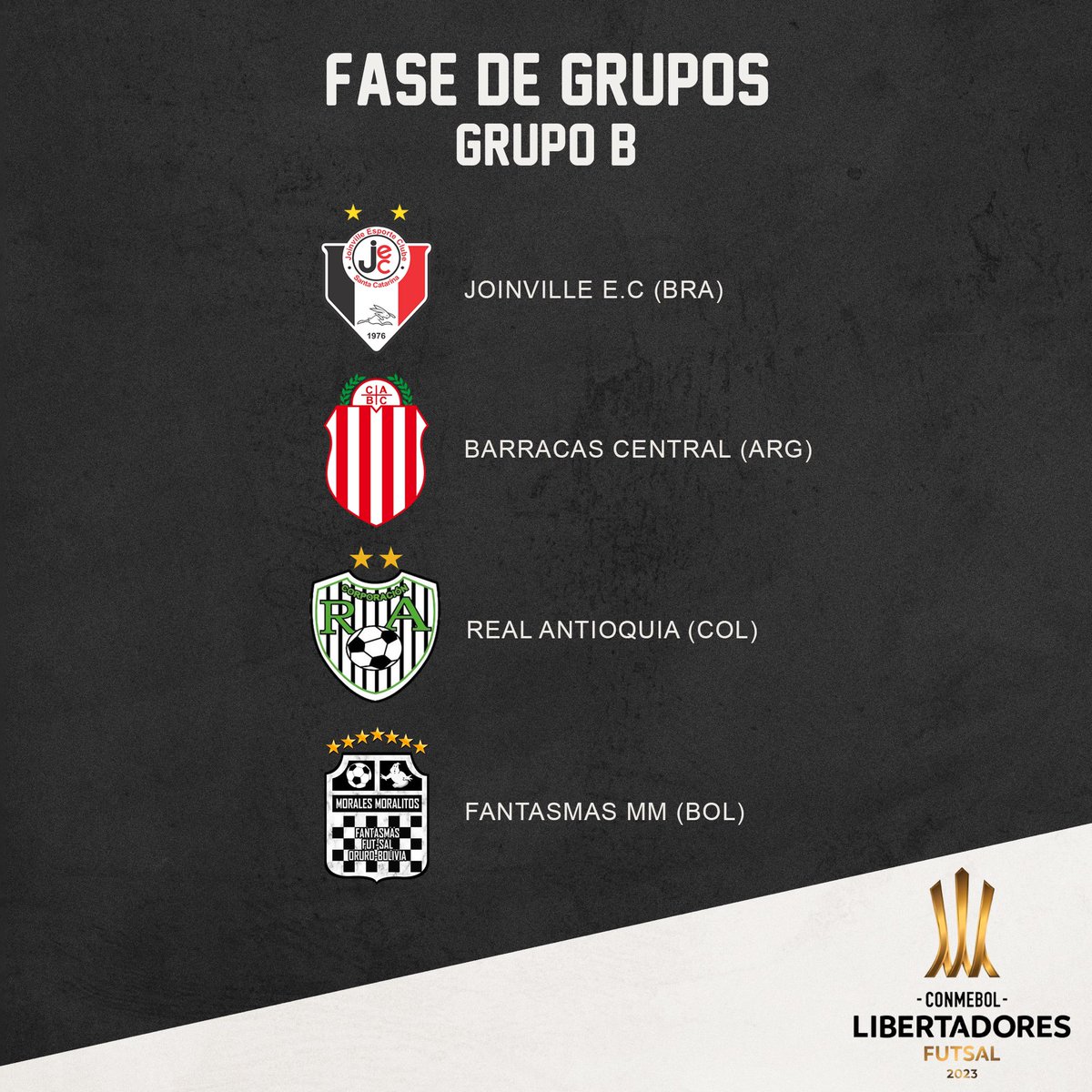 Presentamos nuestro grupo para la primera fase de la Copa Libertadores 2023. 

¡Listos para este nuevo desafío! 🖤🤍💪🏼

Facebook: Club Fantasmas Morales Moralitos Oruro
Tik tok: fantasmasmorales
Instagram: fantasmasmorales