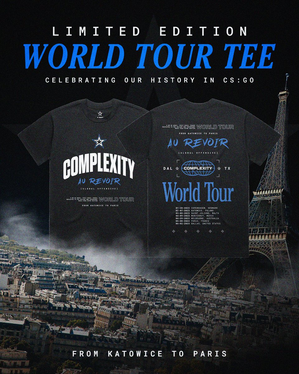 Complexity's tweet image. Still time to get this Limited Edition CS shirt featuring the World Tour of our #COLCS Squad.

⭐ @1grimcs @JTcsgo @FaNgJC @hallzerk @floppyCSGO 

👕 shop.complexity.gg
