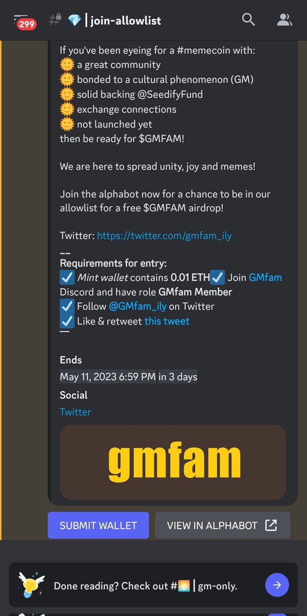 CRYPTOKSA's tweet photo. خطوات لضمان حصولك على airdrops 
التوزيع المجاني #GMFAM 

1- تابع حسابهم @GMfam_ily
و لايك و رتويت لهذه التغريدة 
2- انضم لقناة التلجرام
https://t.co/fmwsR4f6gV
3- انضم الى قناة الدكستورد
https://t.co/fr95m7FCK5
4- اذهب الى كلمة Join - allowlist
5- SUBMIT Wallet
6- راح يحولك لموقع 
https://t.co/4fSXBlCzaY
 يبي منك ربط حسابك الدكستورد + محفظتك ميتاماسك او ترست والت بالموقع + بعض المهام البسيطة مثل لايك ورت للتغريدة معينه 
7- لابد من وجود رصيد #ETH مقدار 0.01 إيثريوم وليس شرط ان يكون بالمحفظة اكثر 
من الكمية المذكورة ولكن ماراح تحصل على 
الاسقاط الجوي التوزيعات اذا كان محفظتك
اقل من 0.01 إيثريوم..

راح يتم توزيع #GMFAM إلى
عدد 20,000 الف محفظة مختلفة 

لاتنسى تمنشن اصدقائك و احبابك وشارك الخير 
مع الجميع ❤️

مشاركتك في هذا الاسقاط الجوي التوزيعات airdrops هي اختيارك و مسؤوليتك الكاملة

واكيد ليست نصيحة استثمارية ولا دعوة للشراء او البيع ✅

موفقين حبايب قلبي ❤️🎁