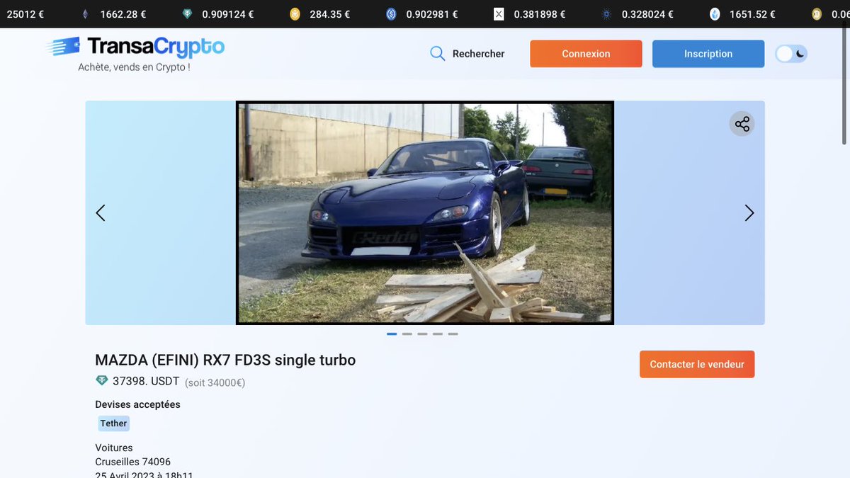 Une Mazda RX7 FD3S single turbo pour 37398 USDT  !👇

Retrouvez-la sur Transacrypto :
transacrypto.com/announce/81825…

« Achète, vends en Crypto ! » 🚀 
La marketplace française de petites annonces en crypto.