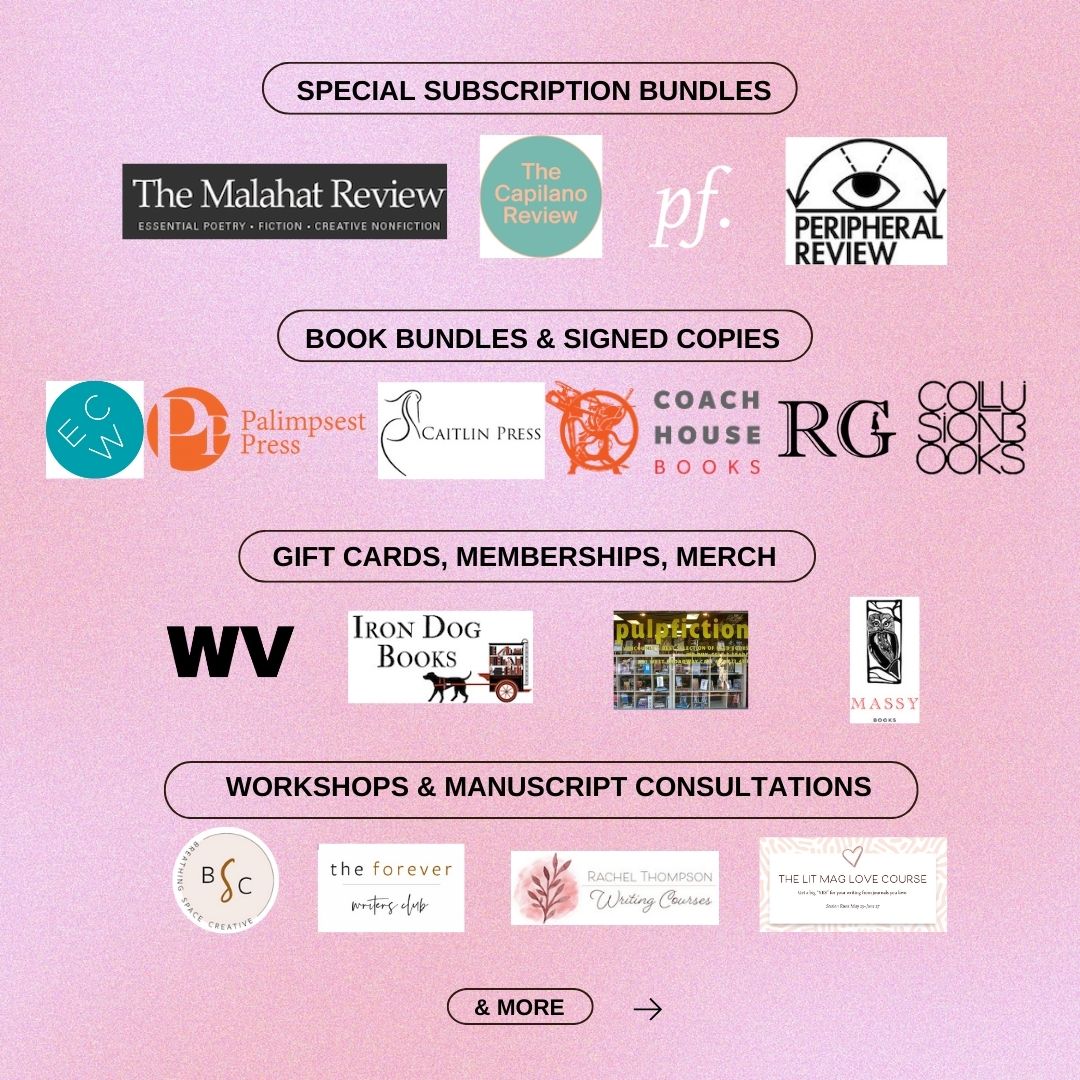 RoomMagazine's tweet image. Perks include:
+Subscription bundles @PrairieFireMag @malahatreview @TheCapReview
+Books @ecwpress @coachhousebooks @PalimpsestPress @caitlinpress @GaspereauPress @CollusionBooks @rahilasghost
+Merch @WORD_Vancouver @IronDogBooks
+More

Help us keep going.
igg.me/at/roommagazin…
