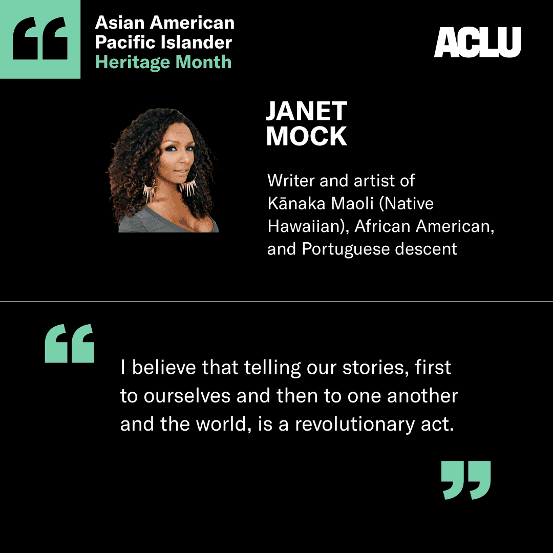 ACLU's tweet photo. Through her memoir Redefining Realness and her role as a television writer, director, and producer, Janet Mock is a storyteller unafraid of the truth.

We thank Janet this #AAPIHeritageMonth for her fearlessly telling stories of our communities. https://t.co/Hc18yGpsyu