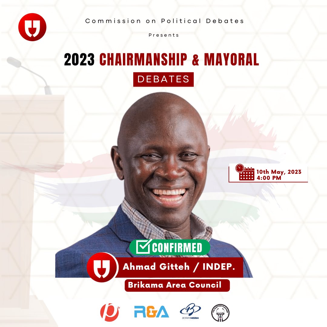 CONFIRMED! ✅

Ahmad Gitteh, Independent Candidate for the Chairmanship of Brikama Area Council, has confirmed his participation in our upcoming debate.

🗓️ 10th May, 2023
⏰ 4:00PM
📍International Conference Center