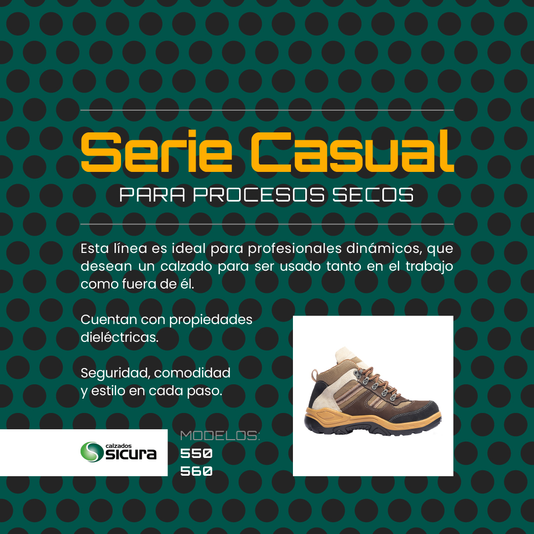 Serie Casual PARA PROCESOS SECOS.
.
⚡ Esta línea es ideal para profesionales dinámicos, que desean un calzado para ser usado tanto en el trabajo como fuera de él.
.
⚡ Cuenta con propiedades dieléctricas gracias a su suela de poliuretano bidensidad.