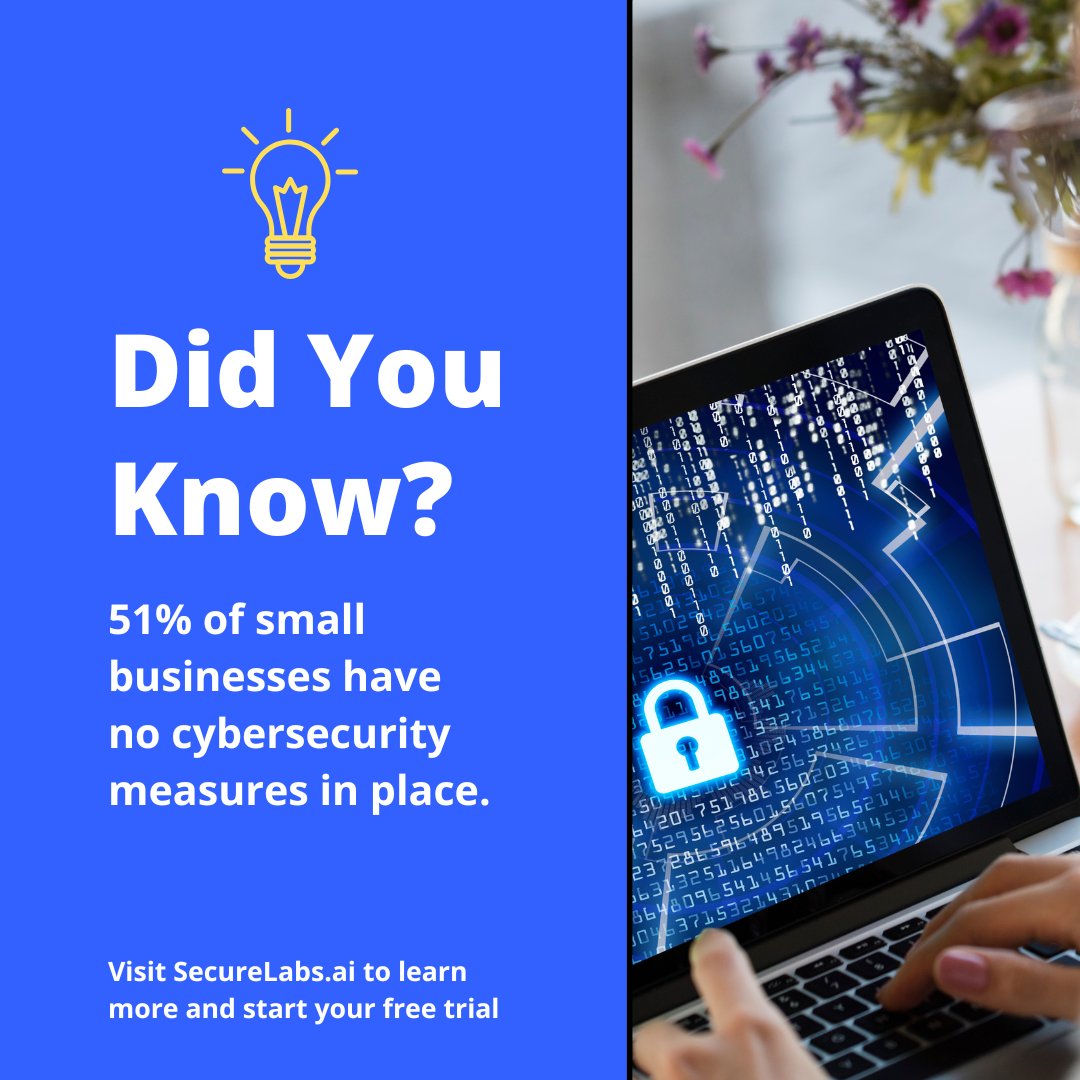 paigeoncyber's tweet image. Biz owners, be aware: 51% of your peers have no #cybersecurity measures in place. Don&apos;t wait until it&apos;s too late. Protect your biz now! 💻 Free trial at securelabs.ai #SmallBusiness #SecureLabs
