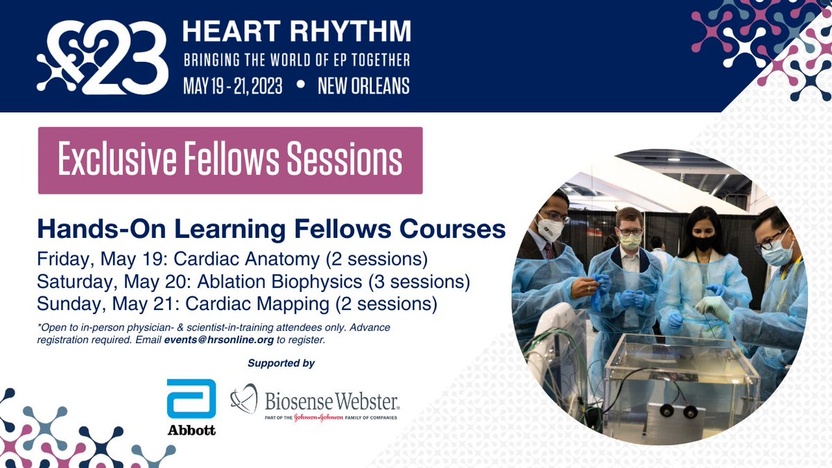 HRSonline's tweet photo. #HRS2023 SESSION SPOTLIGHT: #FellowsinTraining, don't miss these exclusive #handsontraining opportunities in #NOLA. Experiment with #3Dprinted hearts, radiofrequency #ablation & #cardiacmapping.
ADD TO ITINERARY > https://t.co/89YrqzARjg
@AbbottCardio @BiosenseWebster #EPeeps https://t.co/J71qxQw7zb