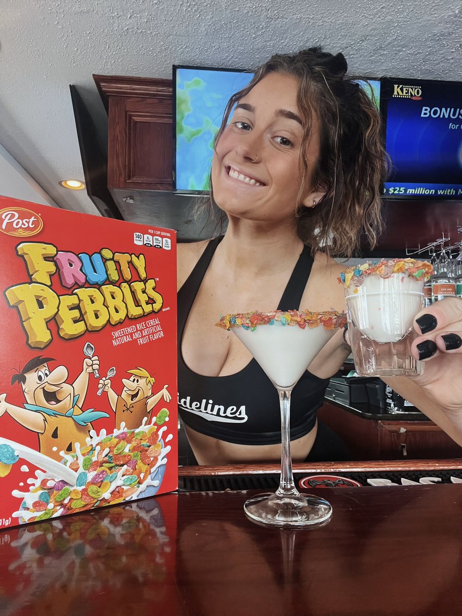 🥣 Yeah, Cereal is great and all but how about a boozy cereal martini or shot!?! Our Fruity Pebbles cocktails are A+ complete with cereal rim, tastes just like the milk from your cereal but its got booze! #fruitypebbles #bostondrinks #fruitypebblesmartini