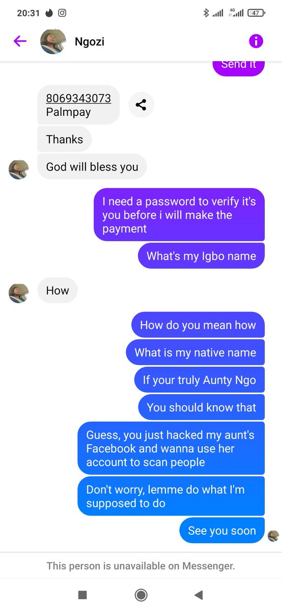 passy_tm's tweet photo. @palmpay_ng Kindly identify your customer with this account "8069343073
Palmpay". The customer is either a scammer or someone else is using his/her services to do so.
The person hacked my aunt's Facebook account and is using it to defraud people. 
#Sos #URGENT #ScamAlert https://t.co/cUodtNfQ9g