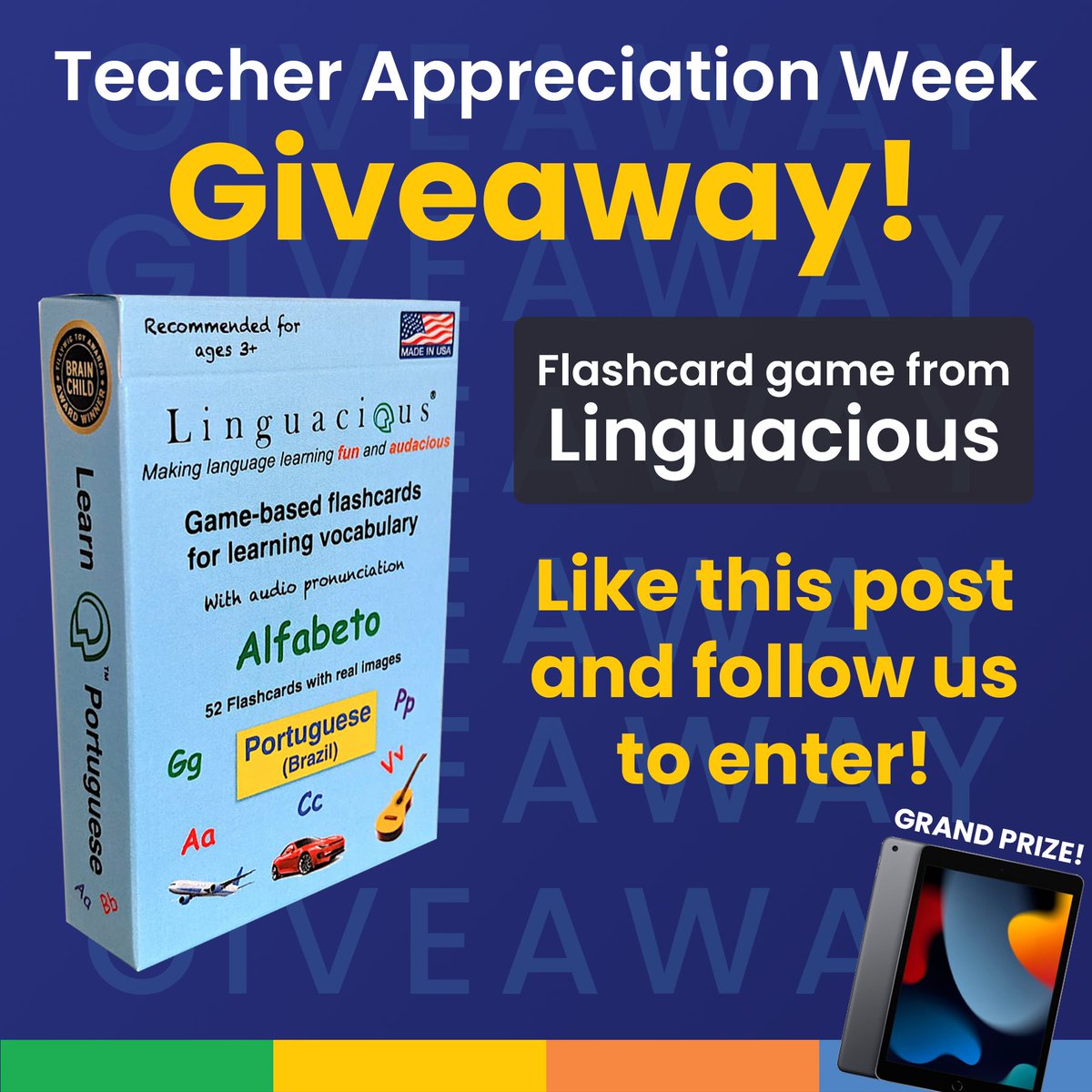 GIVEAWAY: Happy Teacher Appreciation Week! Like this post and follow us to enter to win a deck of fun and engaging flashcard games from Linguacious. We’re also giving away a grand prize… an iPad with an Avant ADVANCE license!