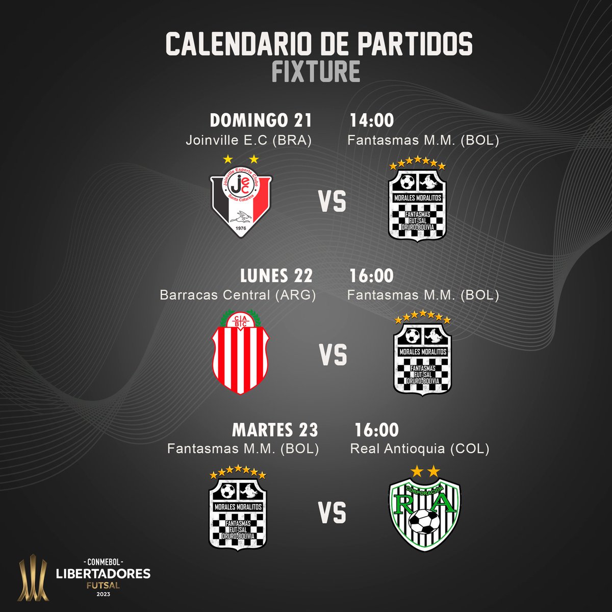 Fixture en la Copa Libertadores 2023:
Horarios y fechas de nuestros próximos encuentros 👻

Facebook: Club Fantasmas Morales Moralitos Oruro
Tik tok: fantasmasmorales
Instagram: fantasmasmorales