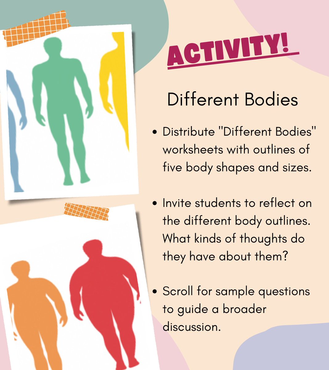 MissKendraProg's tweet image. The activity, Different Bodies, helps students reflect on how physical appearances affect us. Miss Kendra believes our bodies are all different and powerful in their own ways. 
Do you agree? Write your answer in the comments. #MissKendraPrograms #SEL #AskAChild #BodyPositivity