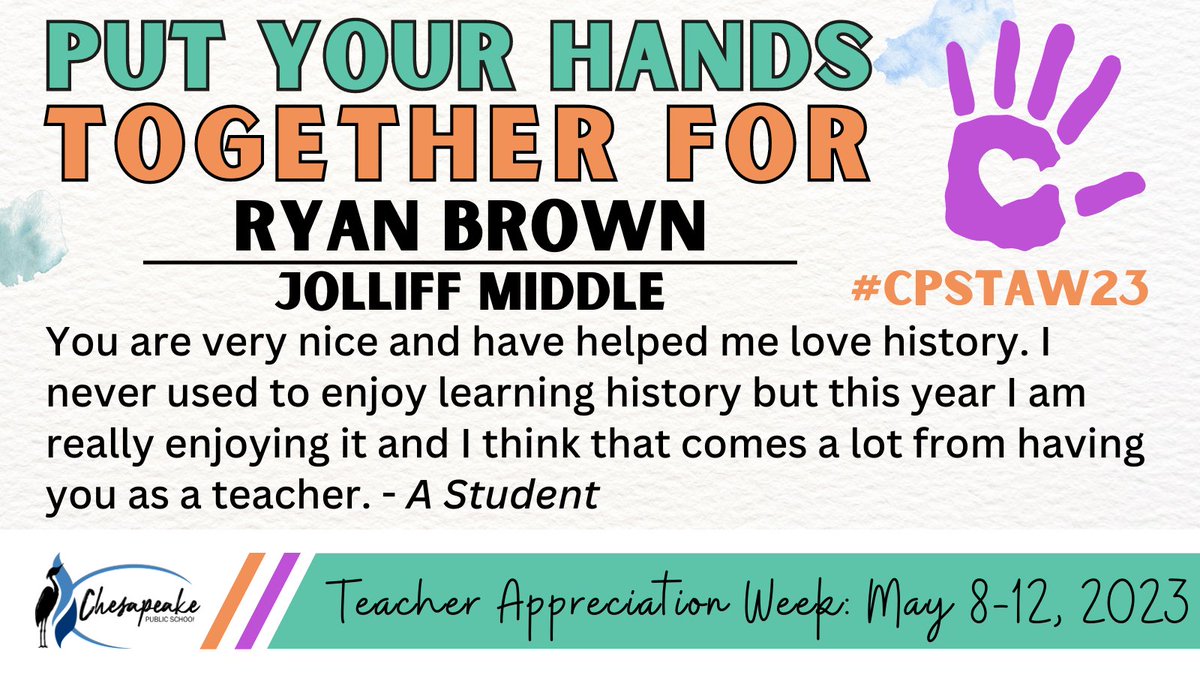 cpschoolsva's tweet image. 🎉 We are excited to celebrate Ryan Brown, a history teacher at @JolliffMiddle for #CPSTAW23! 🐾 Thank you, Ryan, for inspiring your students and helping them &quot;enjoy learning.&quot; #CPSCelebrates 👏 

✒ Visit: forms.gle/8Jb4X5nj4km9eP… to send a teacher a message of appreciation! 🎉