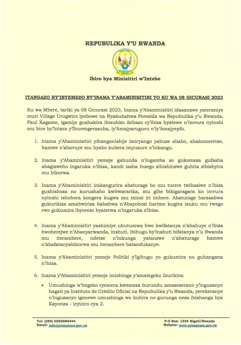 PrimatureRwanda's tweet photo. Itangazo ry'ibyemezo by'Inama y'Abaminisitiri yo ku wa 08 Gicurasi 2023. https://t.co/XWwTSOXO9G