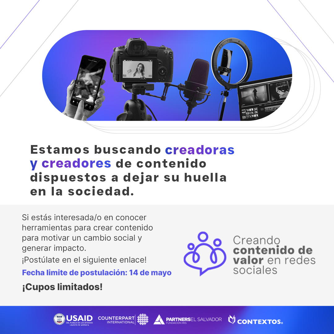 #CONVOCATORIA ¡Atención, creadores de contenido! Proyecto Derechos y Dignidad, de @USAID y socios, potencia a la juventud salvadoreña con un laboratorio sobre cómo crear contenido de calidad que genere impacto. 🔗INFO: bit.ly/3LlMm74 ¡RT y comparte! #BuenosCiudadanos