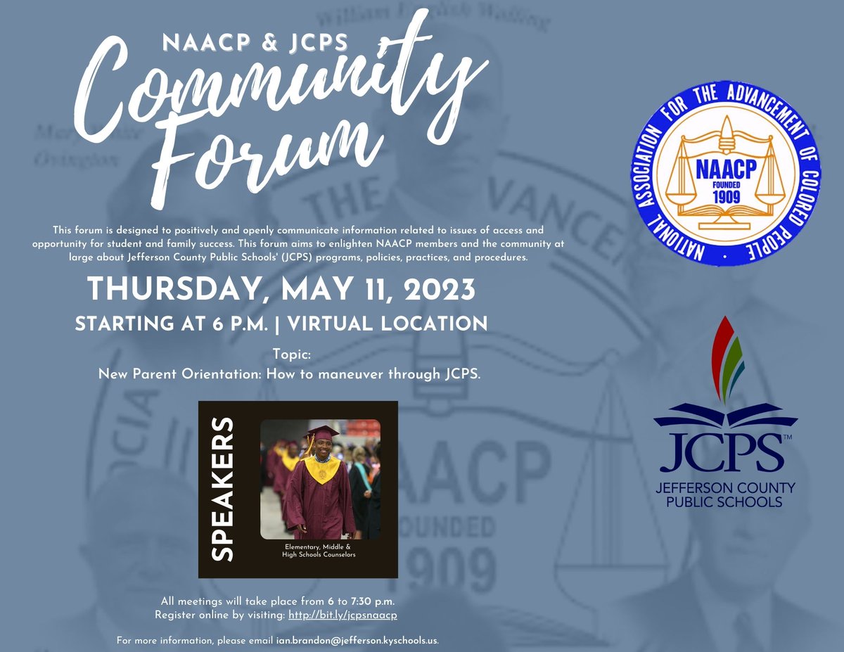 Join us this Thursday at 6 p.m. for our virtual NAACP/JCPS Community Forum. 

Register online at Register online by visiting: bit.ly/jcpsnaacp