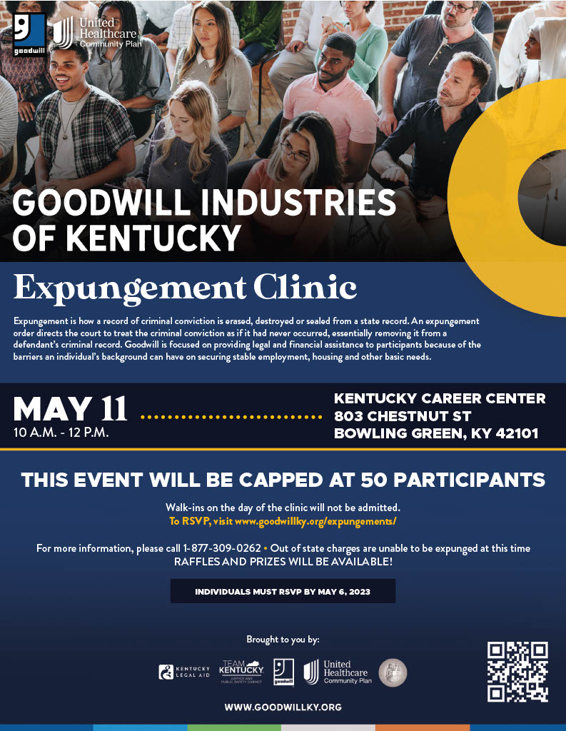 Join KLA this Thursday for the <a href="/GoodwillKY/">Goodwill Kentucky</a>'s Expungement Clinic! Capacity to RSVP has been reached, BUT we will be taking walk ins on a first come, first serve basis!

For more information visit goodwillky.org/expungements/