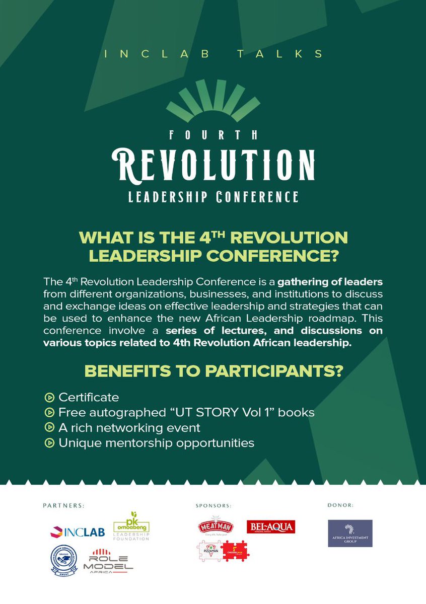 INCLAB foundation in partnership with <a href="/GRASAGKNUST/">GRASAG-KNUST</a> presents "The 4th Revolution Leadership conference".

A Conference aimed at gathering leaders from different institutions to discuss ideas on effective leadership and strategies to help enhance the new African Leadership roadmap.