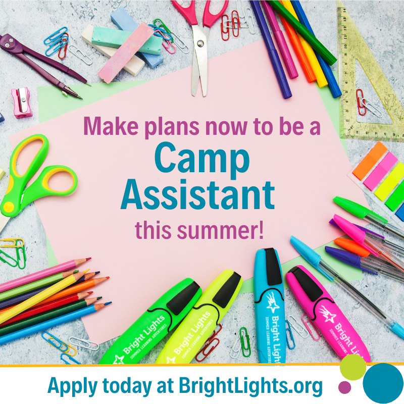 BrightLightsOrg's tweet photo. Share your talents this summer: Volunteer to be a Bright Lights Camp Assistant in a camp that matches your interests!
Apply today at https://t.co/oHBwxmITYH
#BrightLights #summerlearning #summercamp #volunteer #campassistant #lnk #summer2023 #camp https://t.co/4a7sHXID2Z
