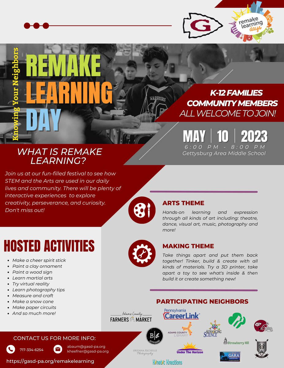 GASD_PA's tweet photo. Join us THIS WEDNESDAY at our fun-filled festival to see how STEM &amp; the Arts are used in our daily lives &amp; community! 

Try a 3D printer, paint a wood sign, walk on a giant hamster wheel to make a snow cone 🤯&amp; so much more! We hope to see you there!

#GASDisGreat #RemakeDaysPA https://t.co/sOASLeRwNl