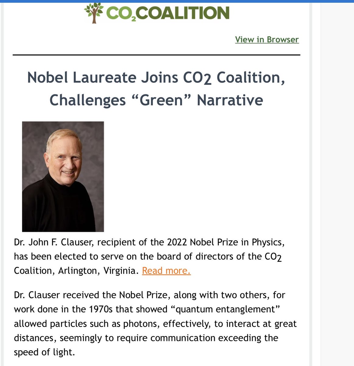 EcoSenseNow's tweet photo. More info on Dr. John F. Clauses, 2022 Nobel Prize recipient for Physics. He will bring additional intellectual power to the more than 120 members of the CO2 Coalition, all of whom have strong credentials in climate science, and/or economics and energy.

https://t.co/PHadwA9Esf https://t.co/Fyx99MfwT5